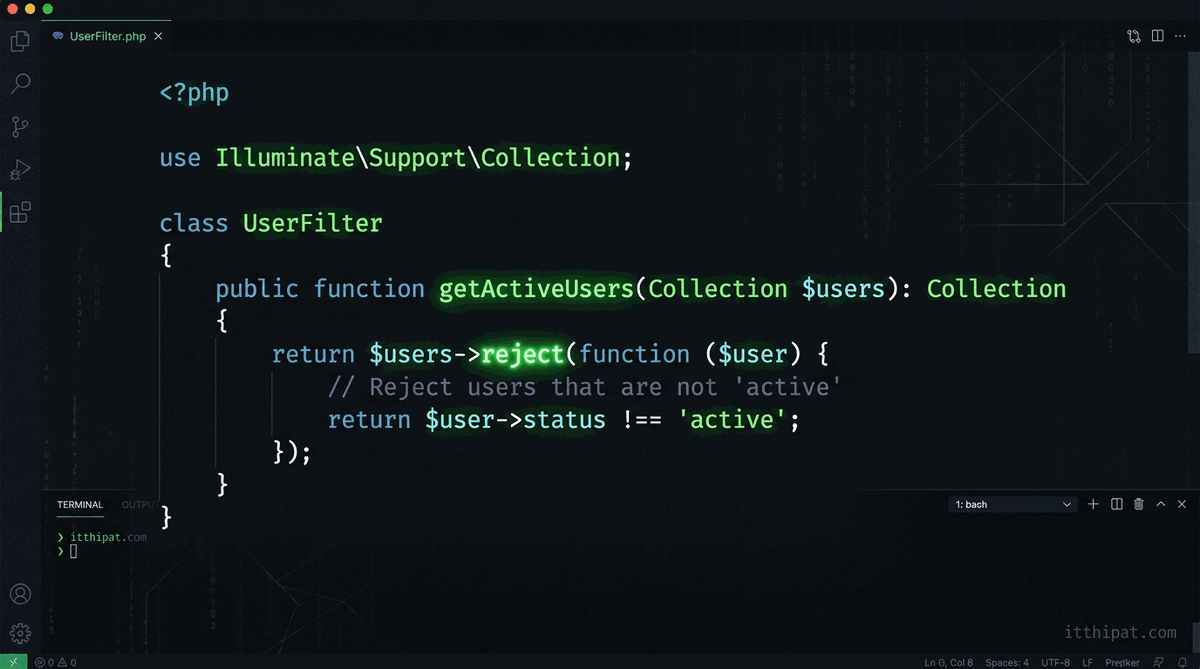 Laravel Collections reject() method - dark code editor with neon green highlights