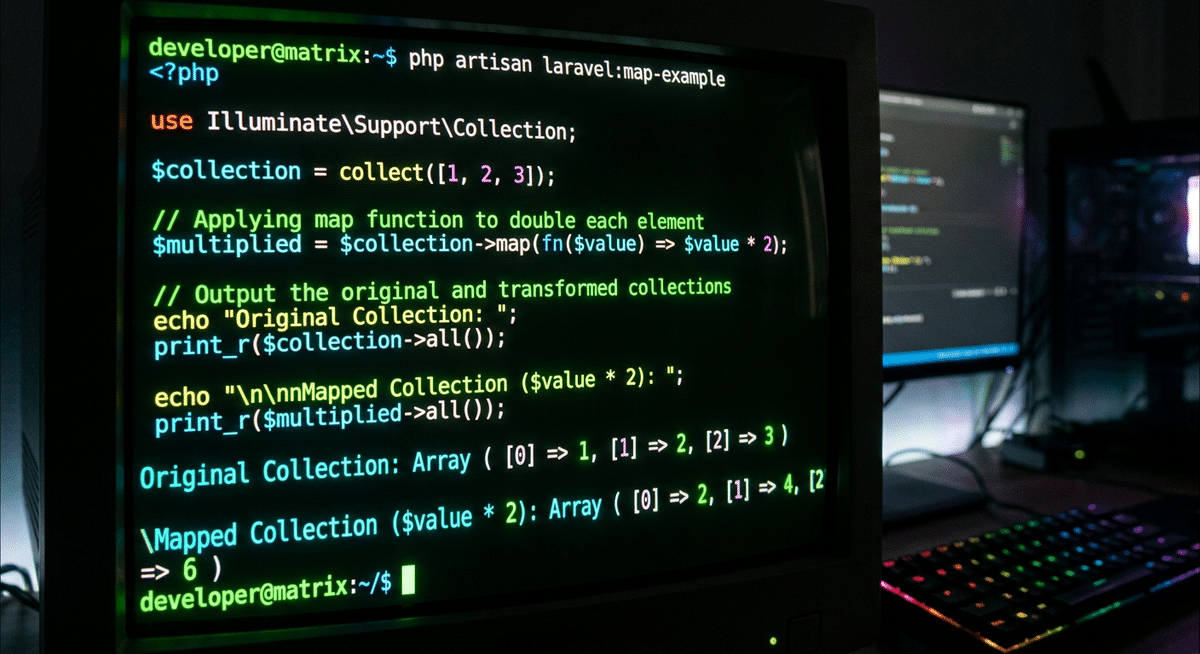 Terminal screen showing Laravel map() method with neon green text on black background