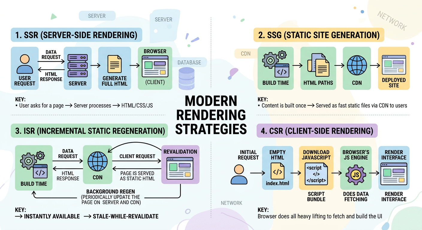 ภาพประกอบ SSR SSG ISR CSR rendering strategies ใน Next.js